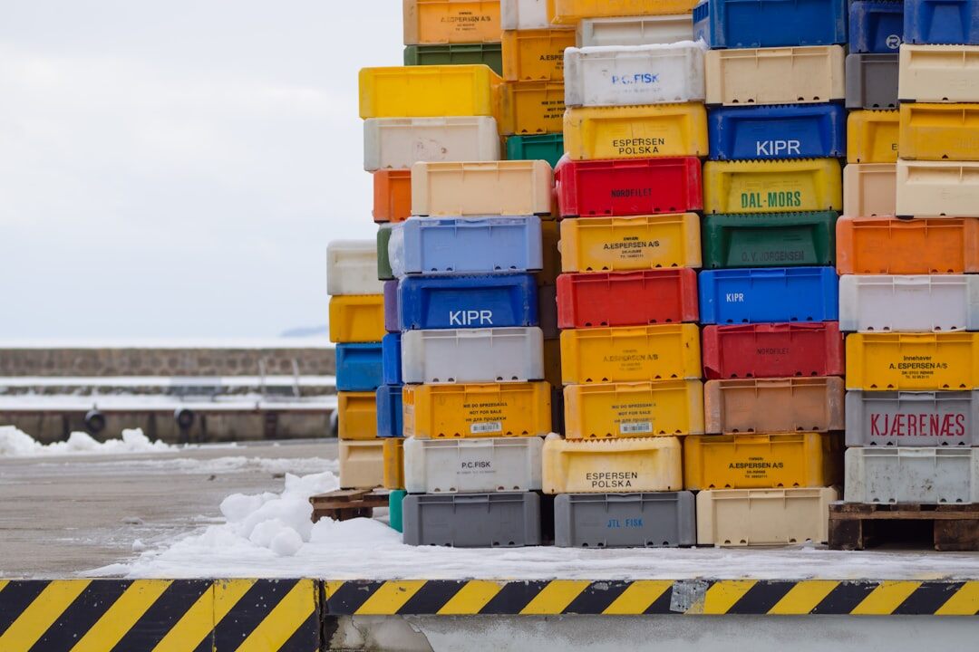 Neatly stacked organized storage boxes and containers
